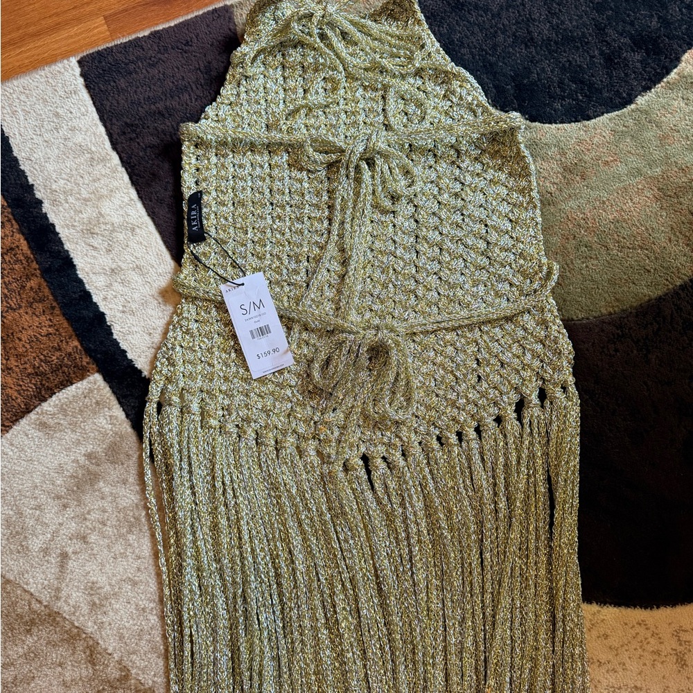 AKIRA Sage Green Crochet Fringe Maxi back out top - Picture 2 of 6